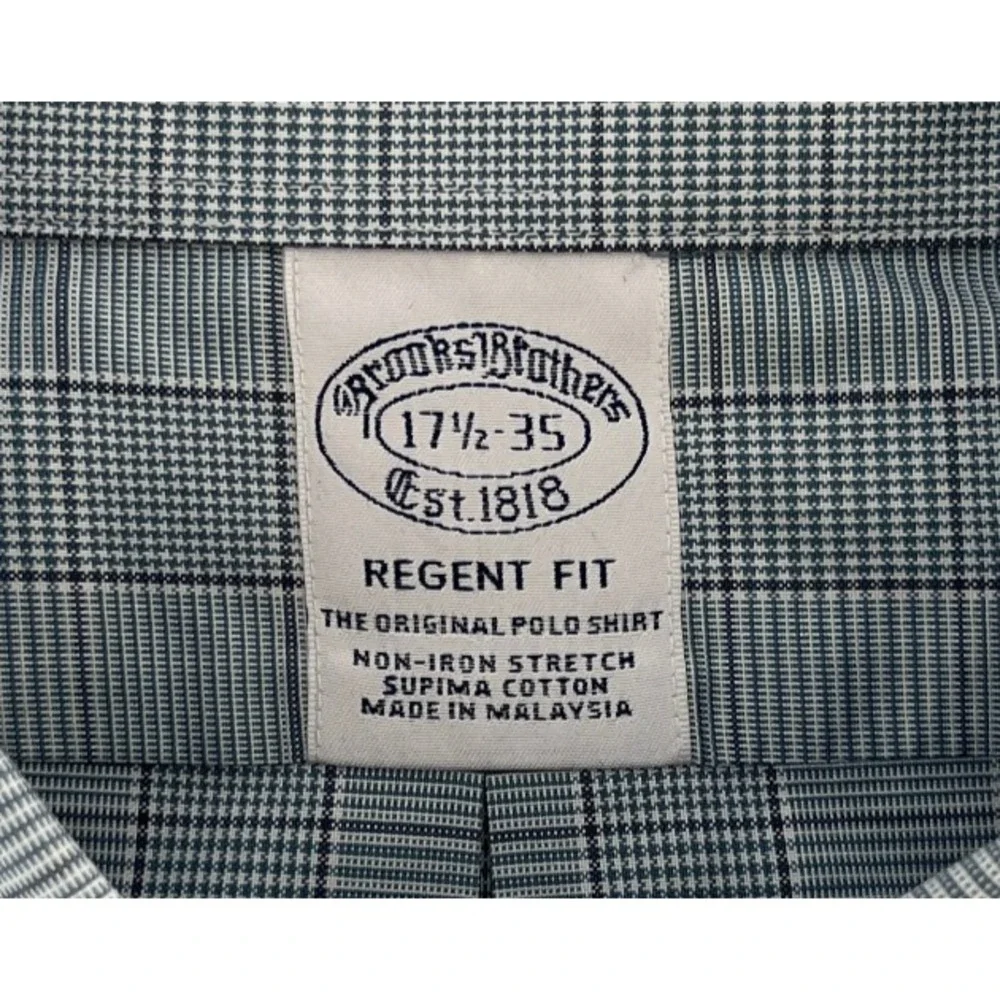 Brooks Brothers Shirt Mens 17.5 35 Blue Plaid‎ Regent Fit Non Iron Supima Cotton